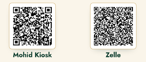 Mohid Kiosk and Zelle donation QR codes